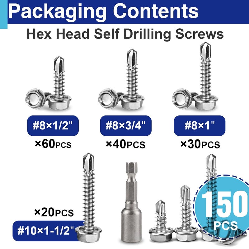 Usdrwam 150Pcs Self Tapping Screws for Metal, #8×1/2", #8×3/4", #8×1", #10×1-1/2" 410 Stainless Steel Hex Washer Head Sheet Metal Screw - Image 3
